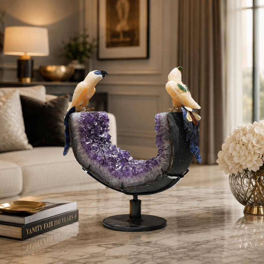 Natural Yellow Calcite & Sodalite Crystal Bird Figurine on Amethyst Cluster Base for Protection & Positivity Harmony, 27x38 cm, 8.137 kg