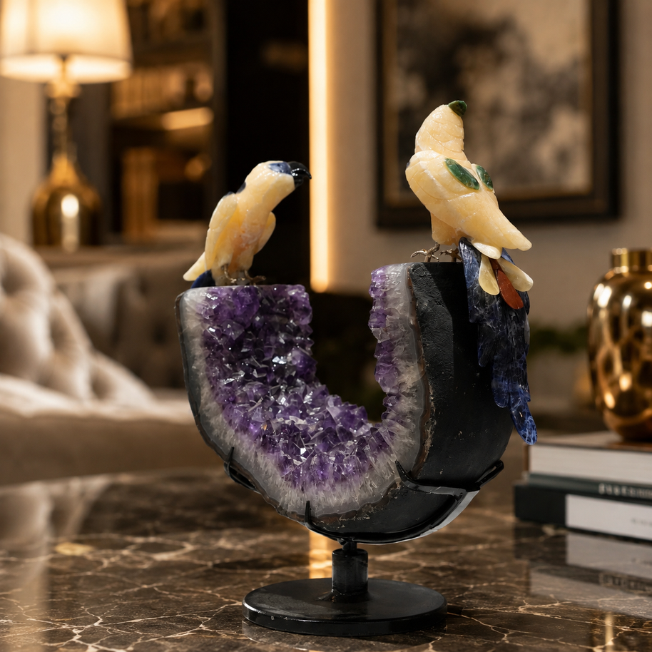 Natural Yellow Calcite & Sodalite Crystal Bird Figurine on Amethyst Cluster Base for Protection & Positivity Harmony, 27x38 cm, 8.137 kg