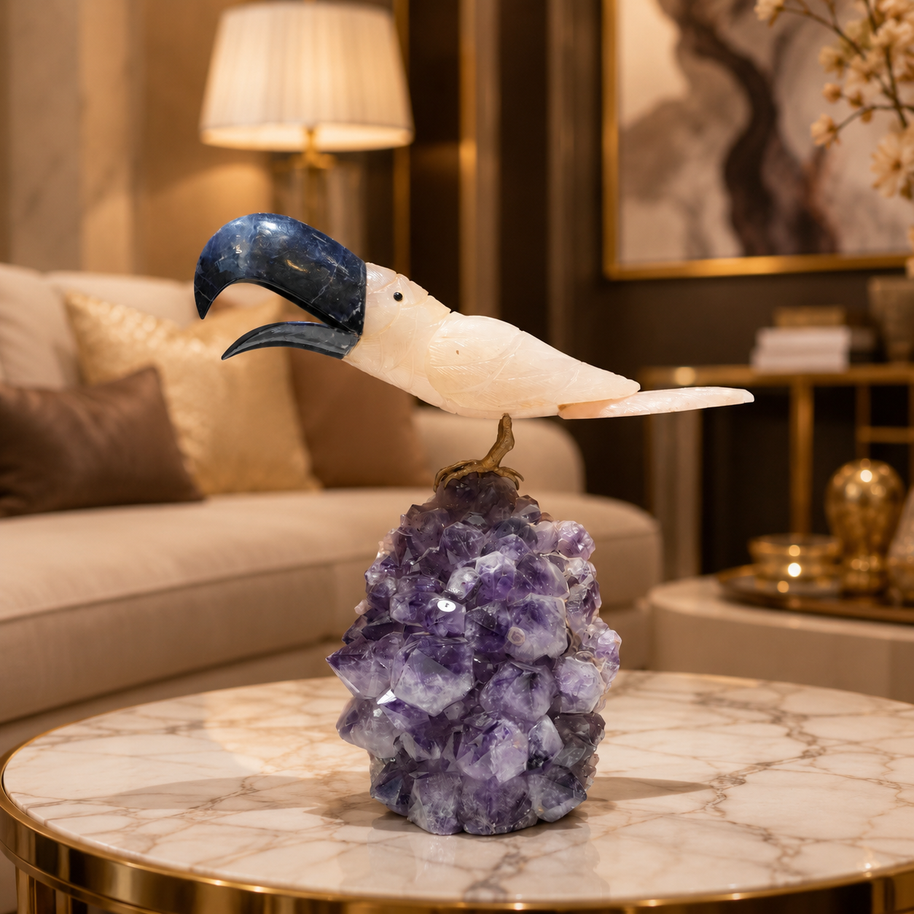 Natural Quartz & Sodalite Crystal Bird Figurine on Amethyst Cluster Base for Protection & Positivity Harmony, 17x35 cm, 5.507 kg
