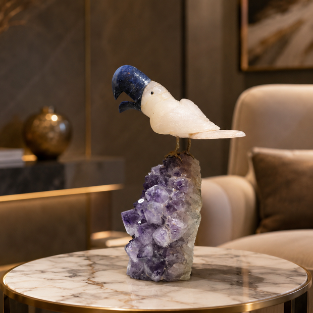 Natural Quartz & Sodalite Crystal Bird Figurine on Amethyst Cluster Base for Protection & Positivity Harmony, 17x35 cm, 5.507 kg