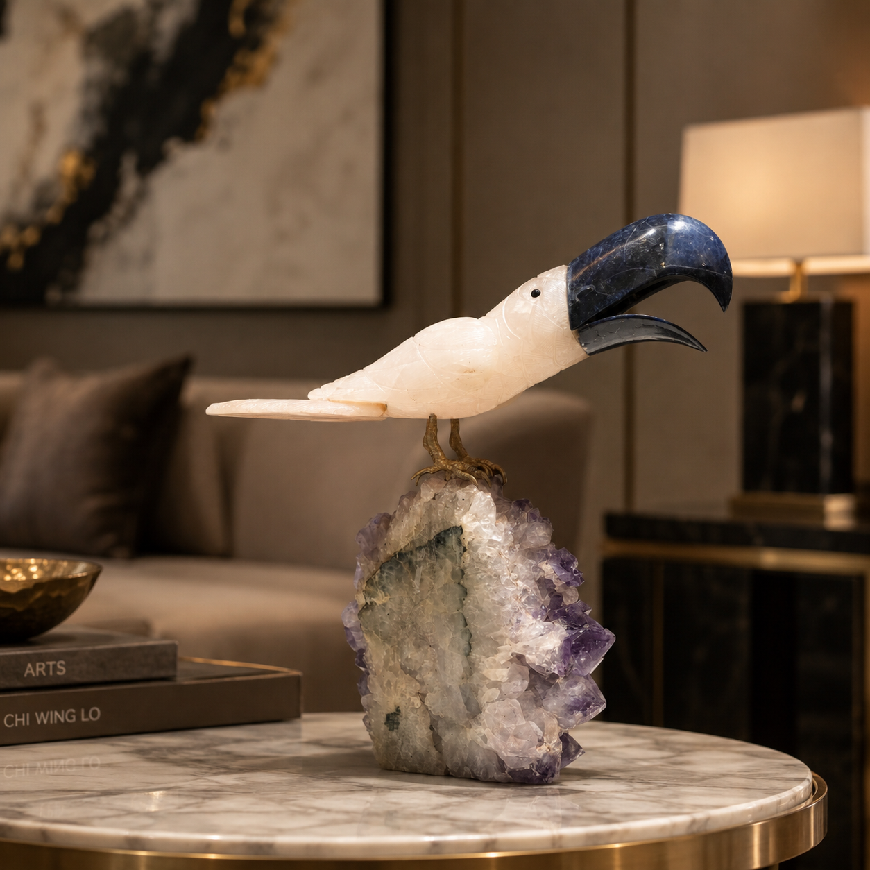Natural Quartz & Sodalite Crystal Bird Figurine on Amethyst Cluster Base for Protection & Positivity Harmony, 17x35 cm, 5.507 kg