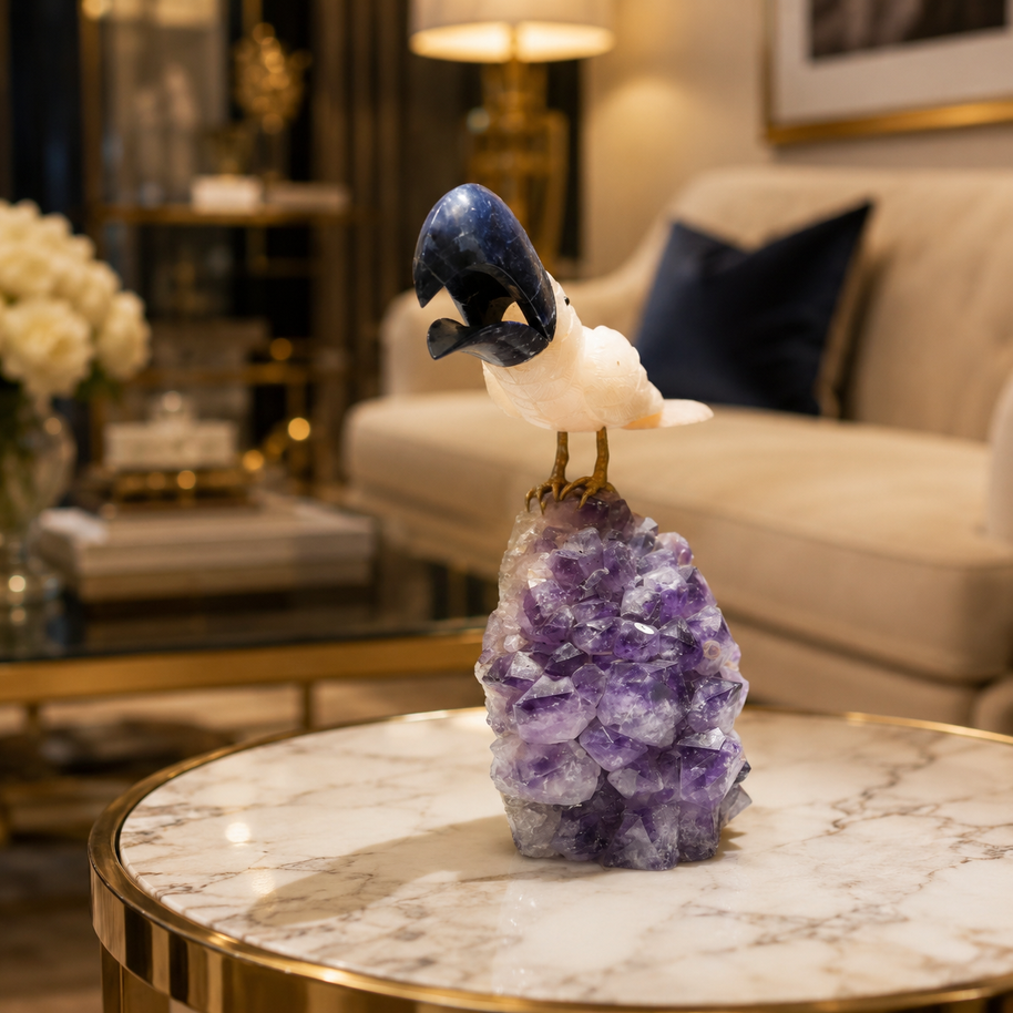 Natural Quartz & Sodalite Crystal Bird Figurine on Amethyst Cluster Base for Protection & Positivity Harmony, 17x35 cm, 5.507 kg
