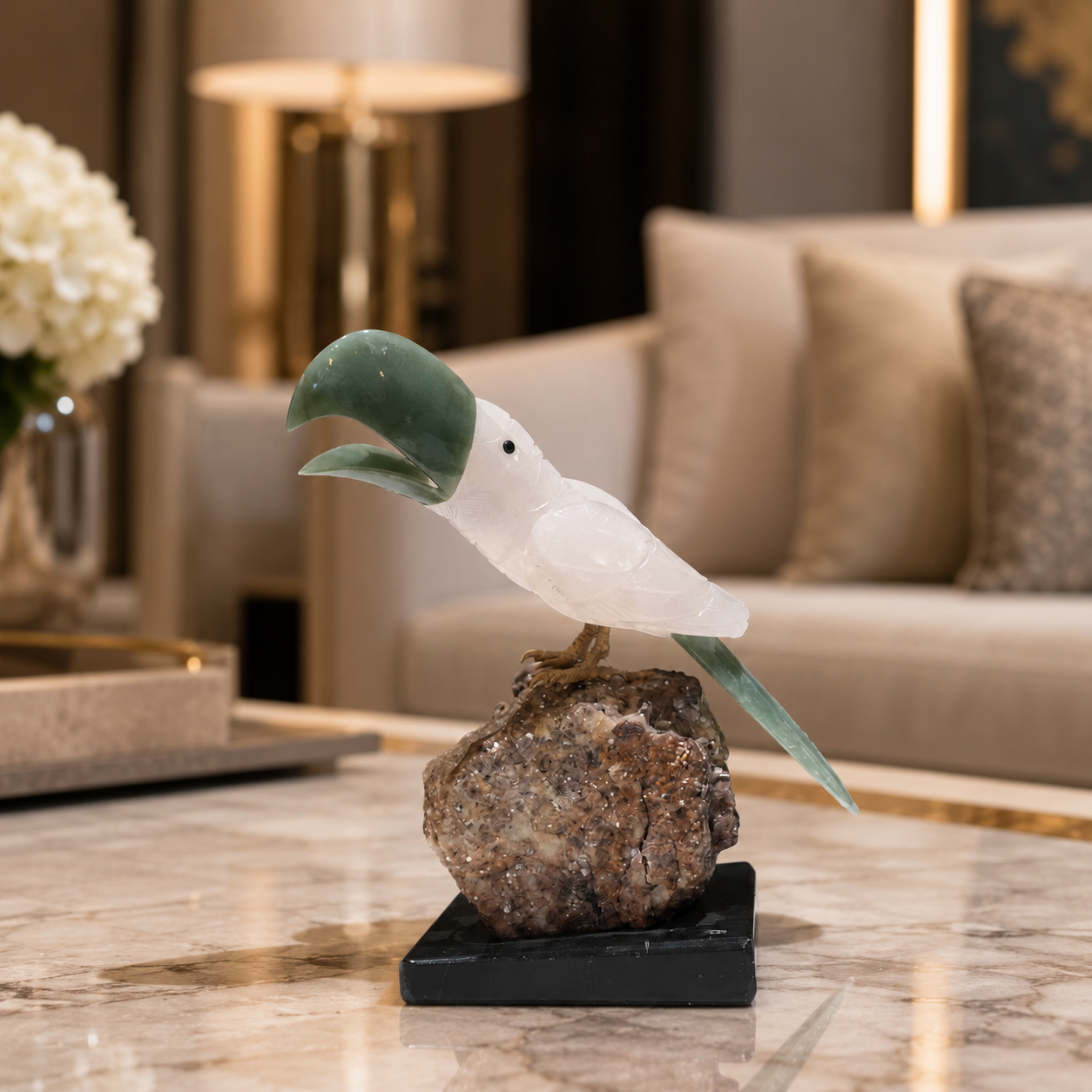 Natural Rose Quartz & Aventurine Crystal Bird Figurine on Amethyst Cluster Base for Protection & Positivity Harmony, 7x23 cm, 1.086 kg