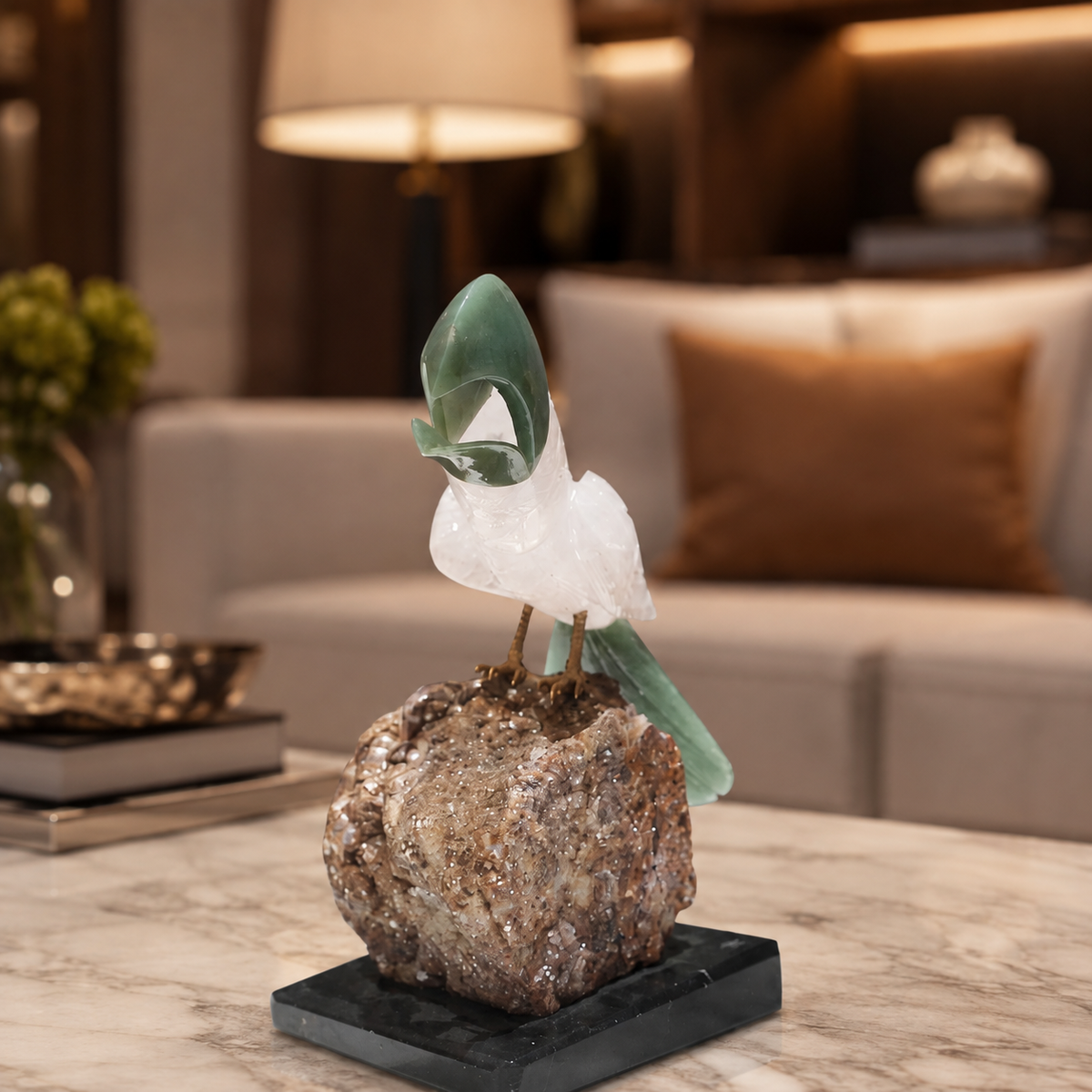 Natural Rose Quartz & Aventurine Crystal Bird Figurine on Amethyst Cluster Base for Protection & Positivity Harmony, 7x23 cm, 1.086 kg