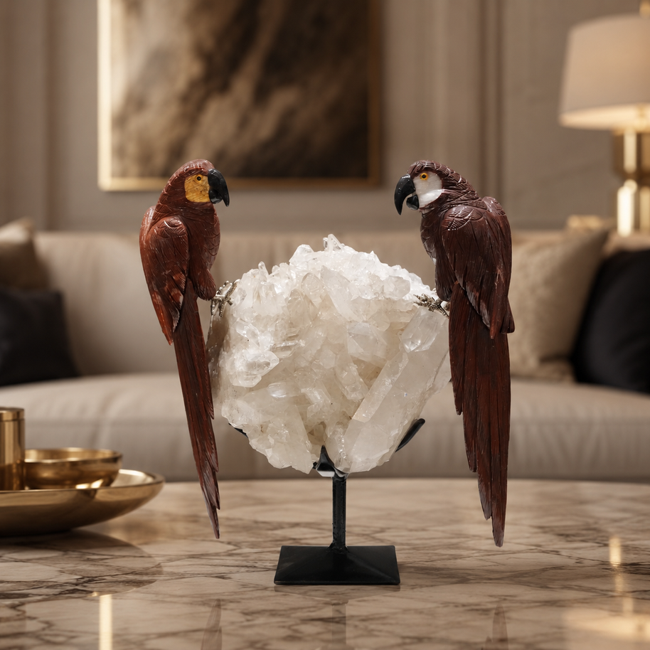 Natural Jasper Crystal Bird Figurine on Quartz Cluster Base for Protection & Positivity Harmony, 23x31 cm, 5.937 kg