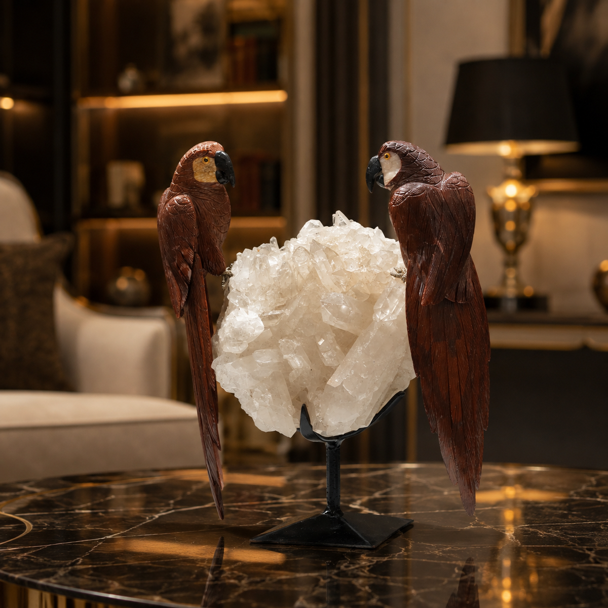 Natural Jasper Crystal Bird Figurine on Quartz Cluster Base for Protection & Positivity Harmony, 23x31 cm, 5.937 kg
