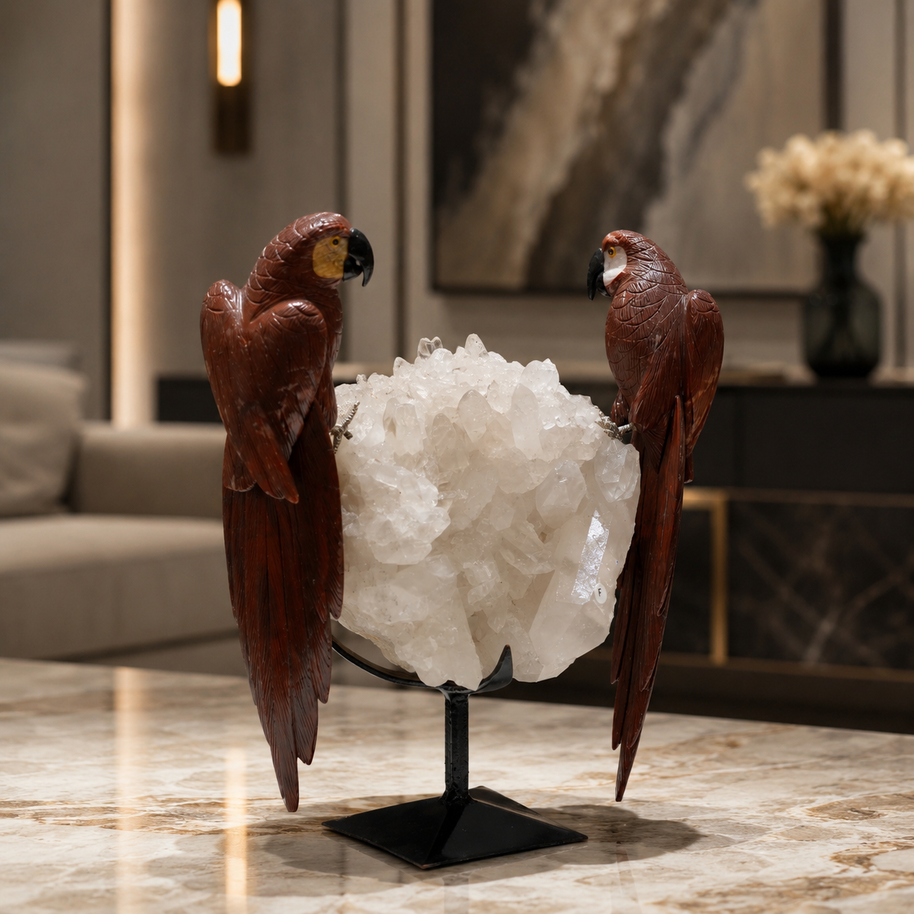 Natural Jasper Crystal Bird Figurine on Quartz Cluster Base for Protection & Positivity Harmony, 23x31 cm, 5.937 kg