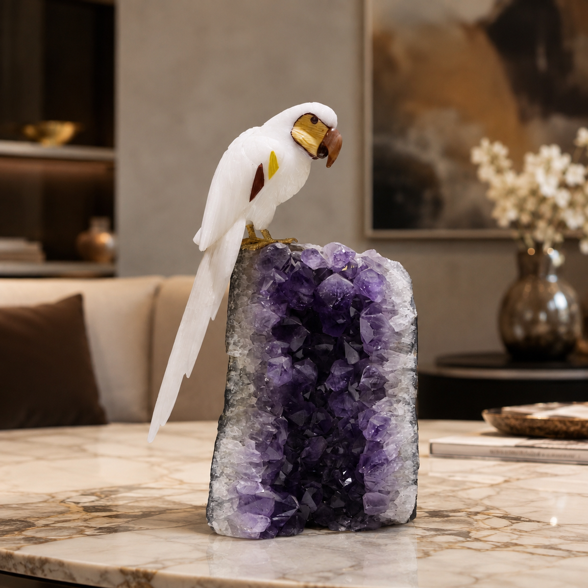 Natural Quartz Crystal Bird Figurine on Amethyst Cluster Base for Protection & Positivity Harmony, 15x31 cm, 4.527 kg