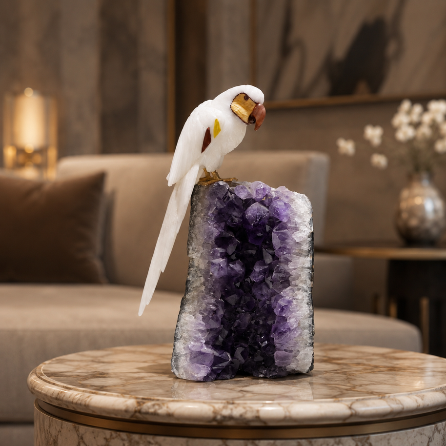 Natural Quartz Crystal Bird Figurine on Amethyst Cluster Base for Protection & Positivity Harmony, 15x31 cm, 4.527 kg