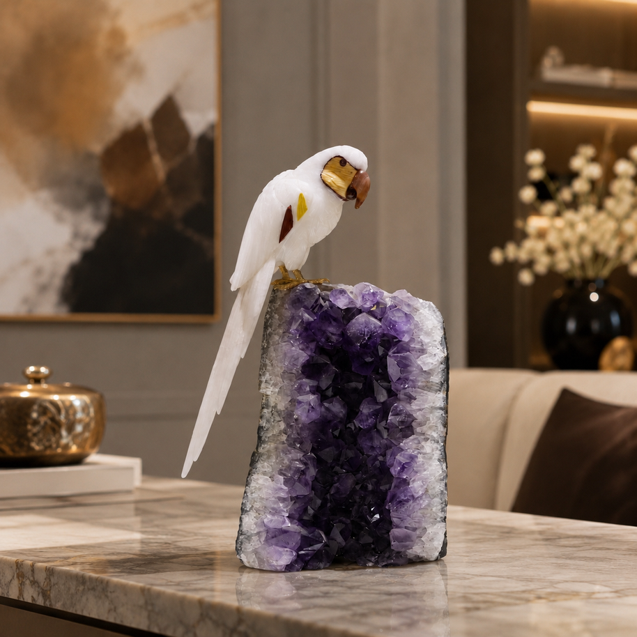Natural Quartz Crystal Bird Figurine on Amethyst Cluster Base for Protection & Positivity Harmony, 15x31 cm, 4.527 kg