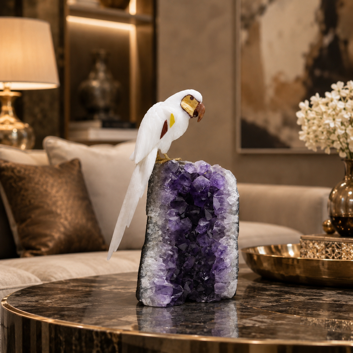 Natural Quartz Crystal Bird Figurine on Amethyst Cluster Base for Protection & Positivity Harmony, 15x31 cm, 4.527 kg