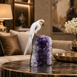 Natural Quartz Crystal Bird Figurine on Amethyst Cluster Base for Protection & Positivity Harmony, 15x31 cm, 4.527 kg