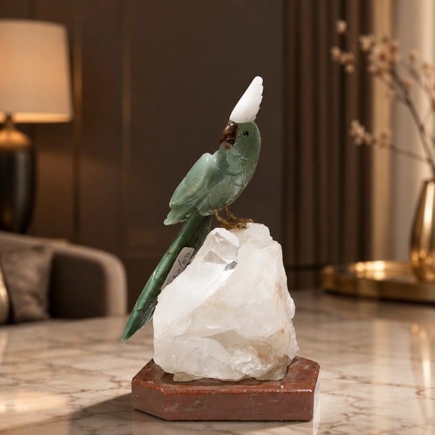 Natural Green Aventurine Crystal Bird Figurine on Quartz Cluster Base for Protection & Positivity Harmony, 13x24 cm, 2.689 kg