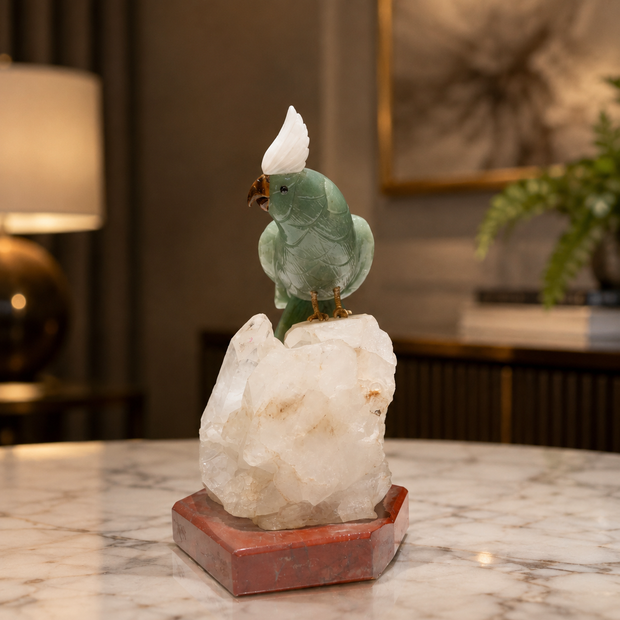 Natural Green Aventurine Crystal Bird Figurine on Quartz Cluster Base for Protection & Positivity Harmony, 13x24 cm, 2.689 kg