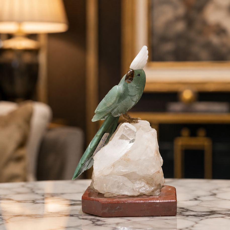 Natural Green Aventurine Crystal Bird Figurine on Quartz Cluster Base for Protection & Positivity Harmony, 13x24 cm, 2.689 kg