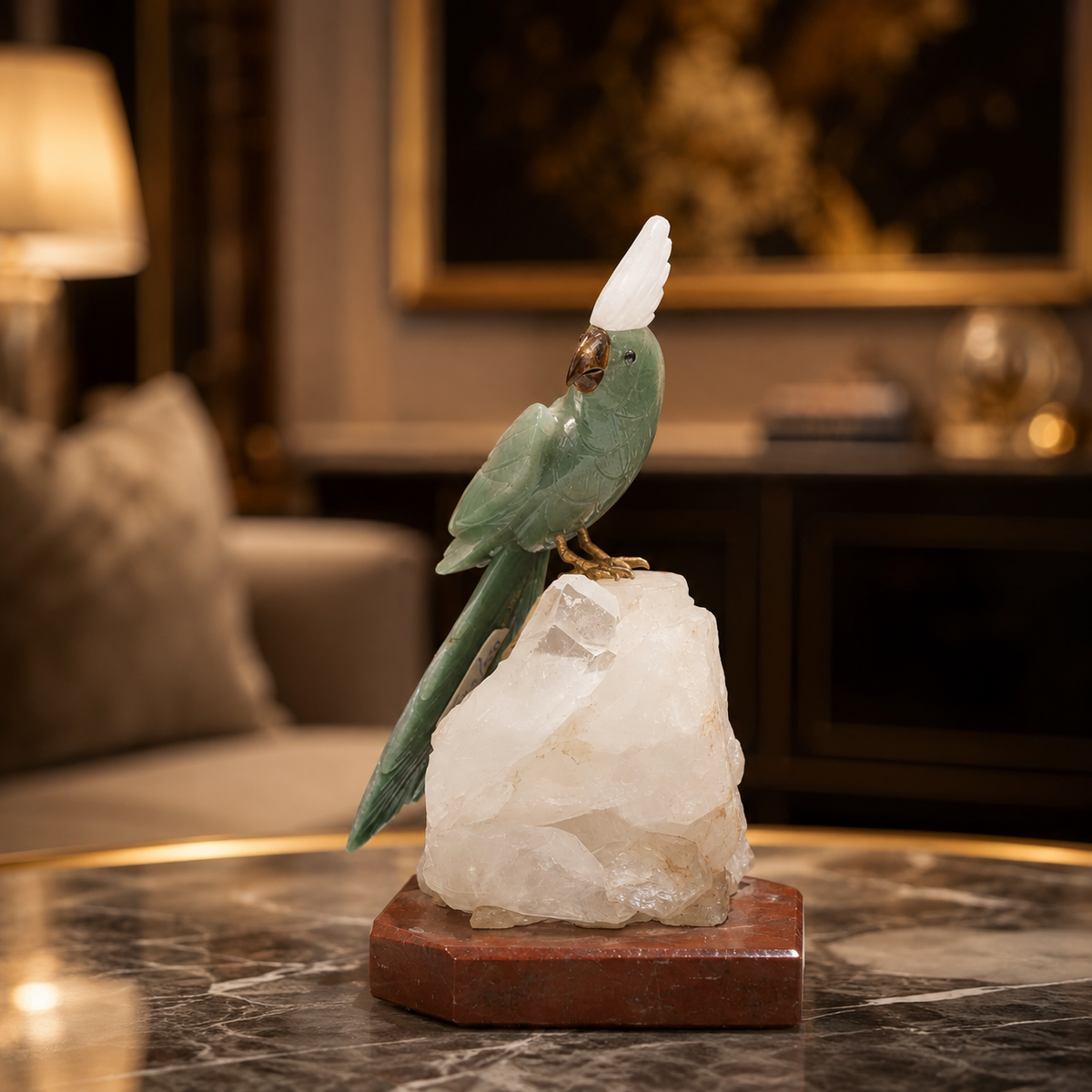 Natural Green Aventurine Crystal Bird Figurine on Quartz Cluster Base for Protection & Positivity Harmony, 13x24 cm, 2.689 kg