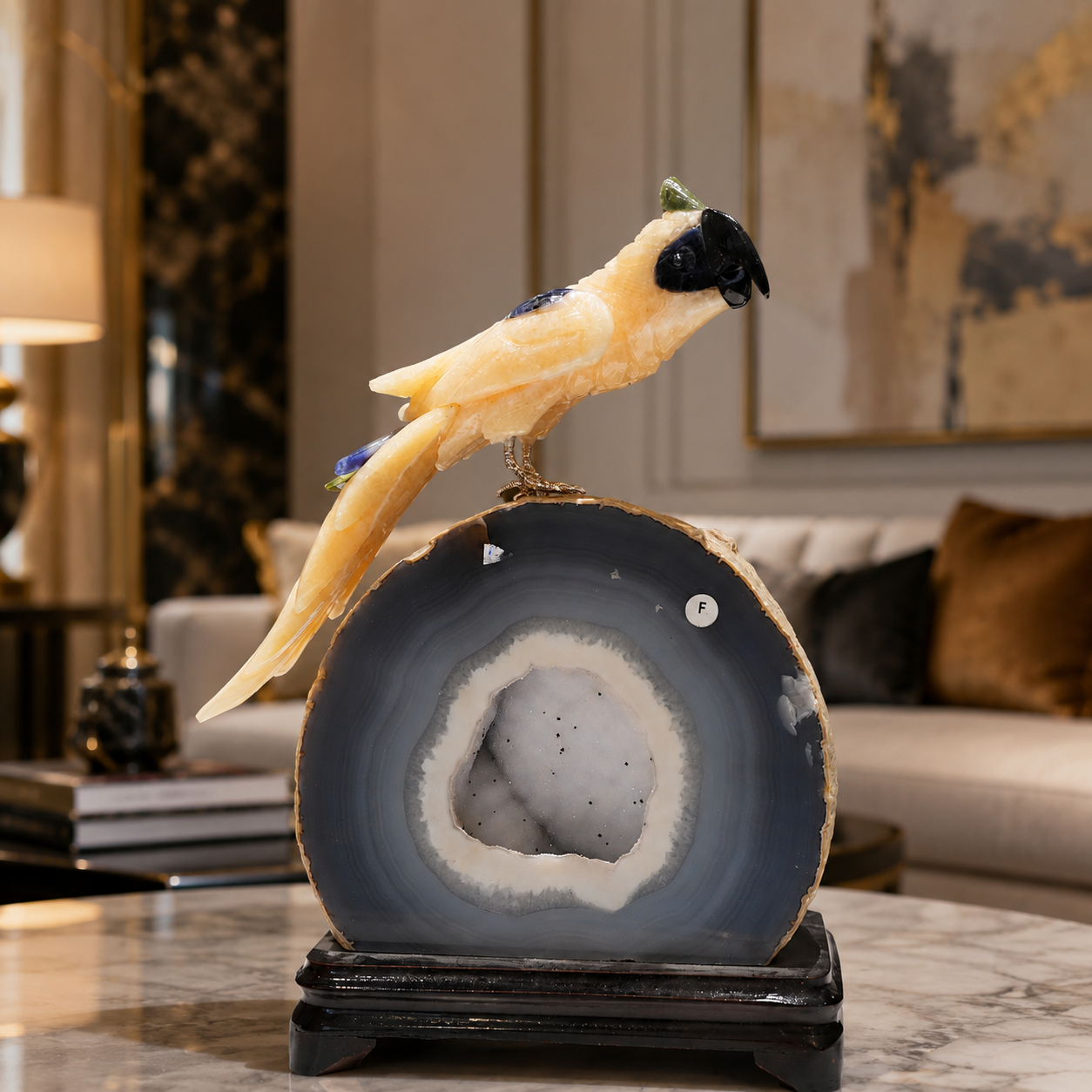 Natural Yellow Calcite Crystal Bird Figurine on Agate Geode Base for Protection & Positivity Harmony, 17x27 cm, 3.976 kg
