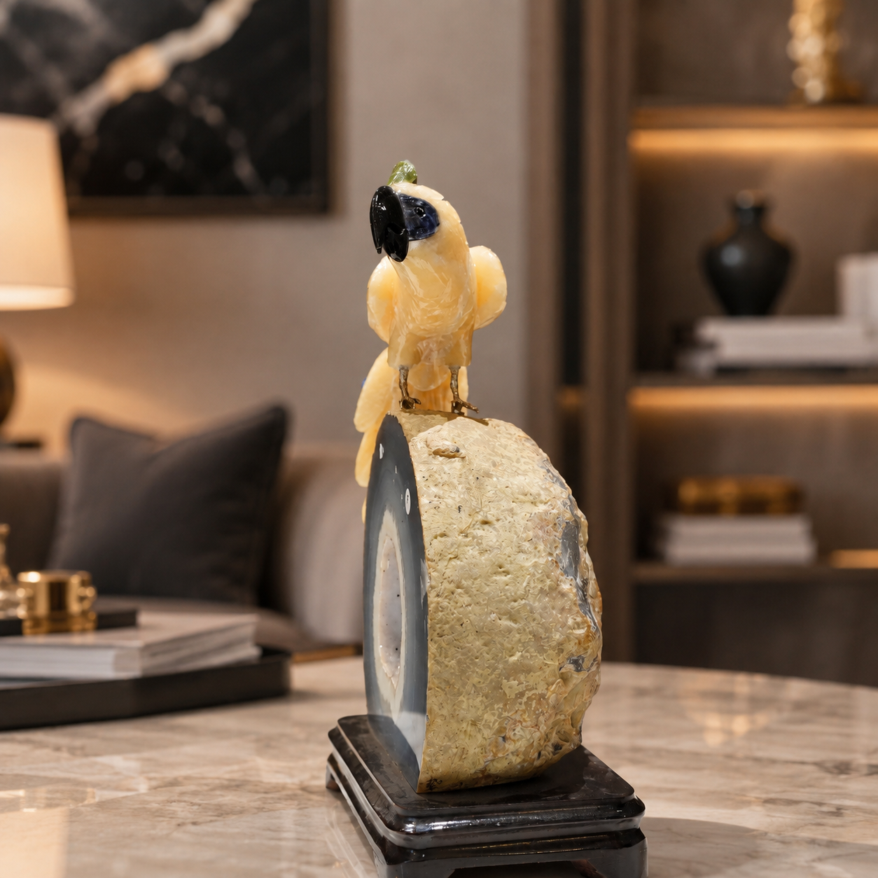 Natural Yellow Calcite Crystal Bird Figurine on Agate Geode Base for Protection & Positivity Harmony, 17x27 cm, 3.976 kg