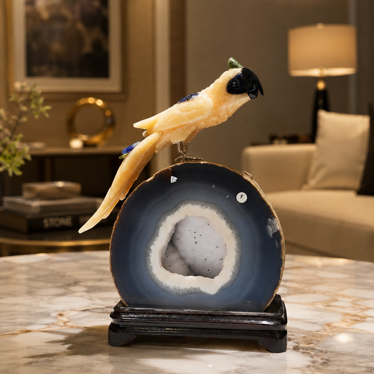 Natural Yellow Calcite Crystal Bird Figurine on Agate Geode Base for Protection & Positivity Harmony, 17x27 cm, 3.976 kg
