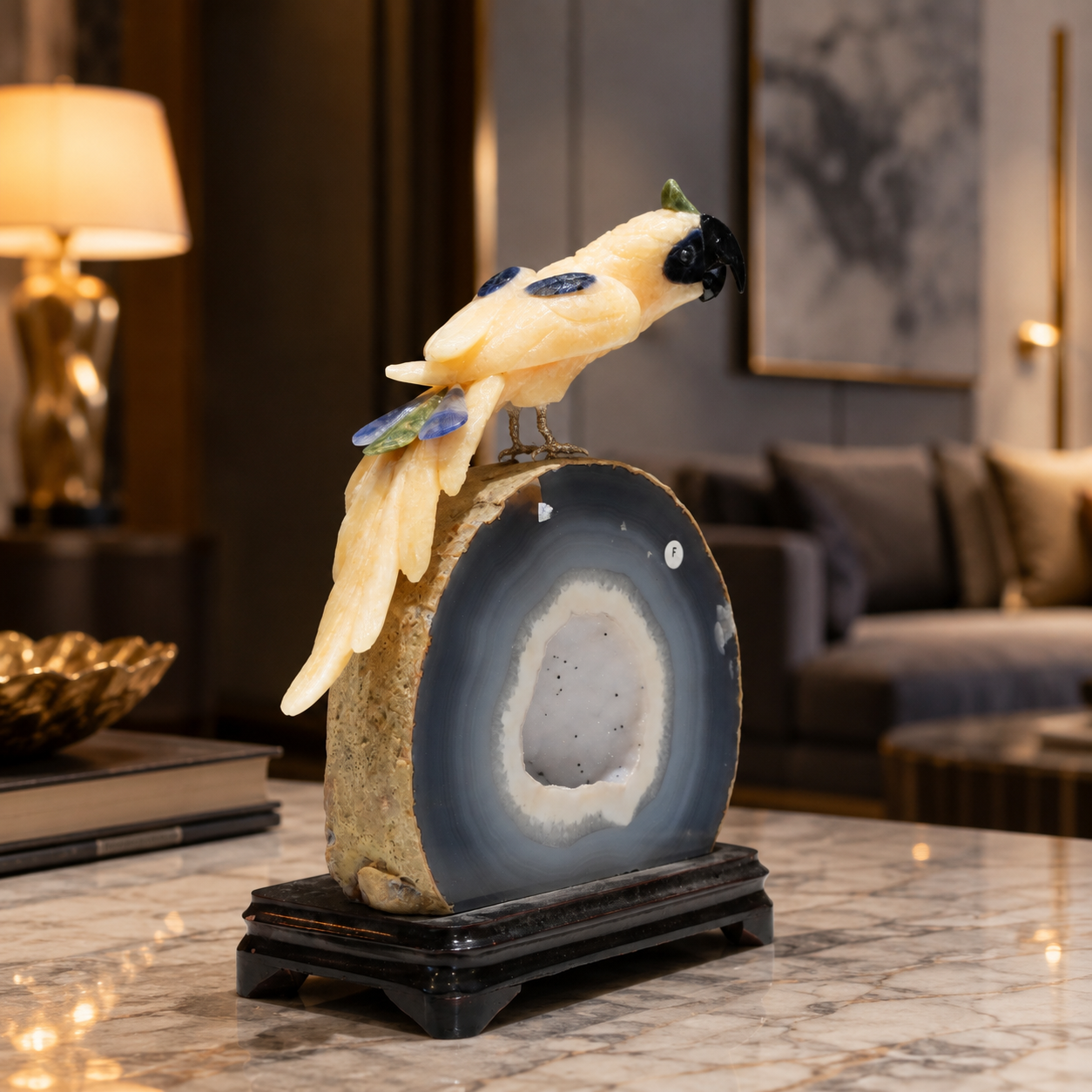 Natural Yellow Calcite Crystal Bird Figurine on Agate Geode Base for Protection & Positivity Harmony, 17x27 cm, 3.976 kg