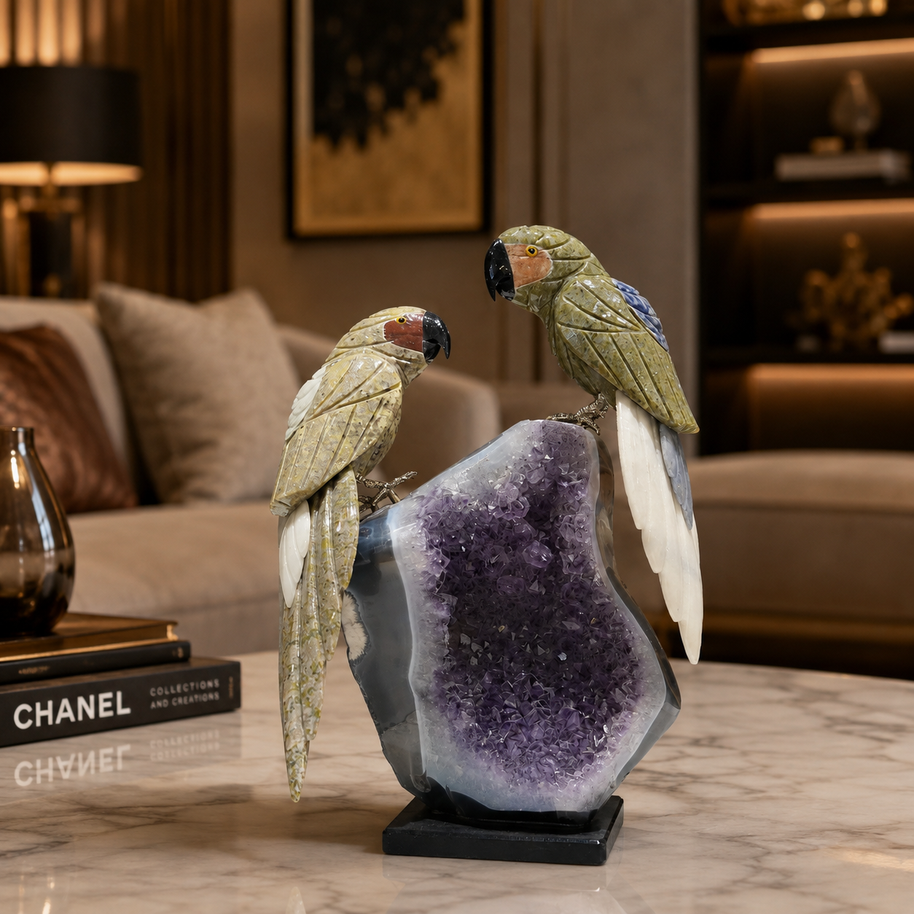 Natural Green Aventurine Crystal Bird Figurine on Amethyst Cluster Base for Protection & Positivity Harmony, 27x18 cm, 2.927 kg