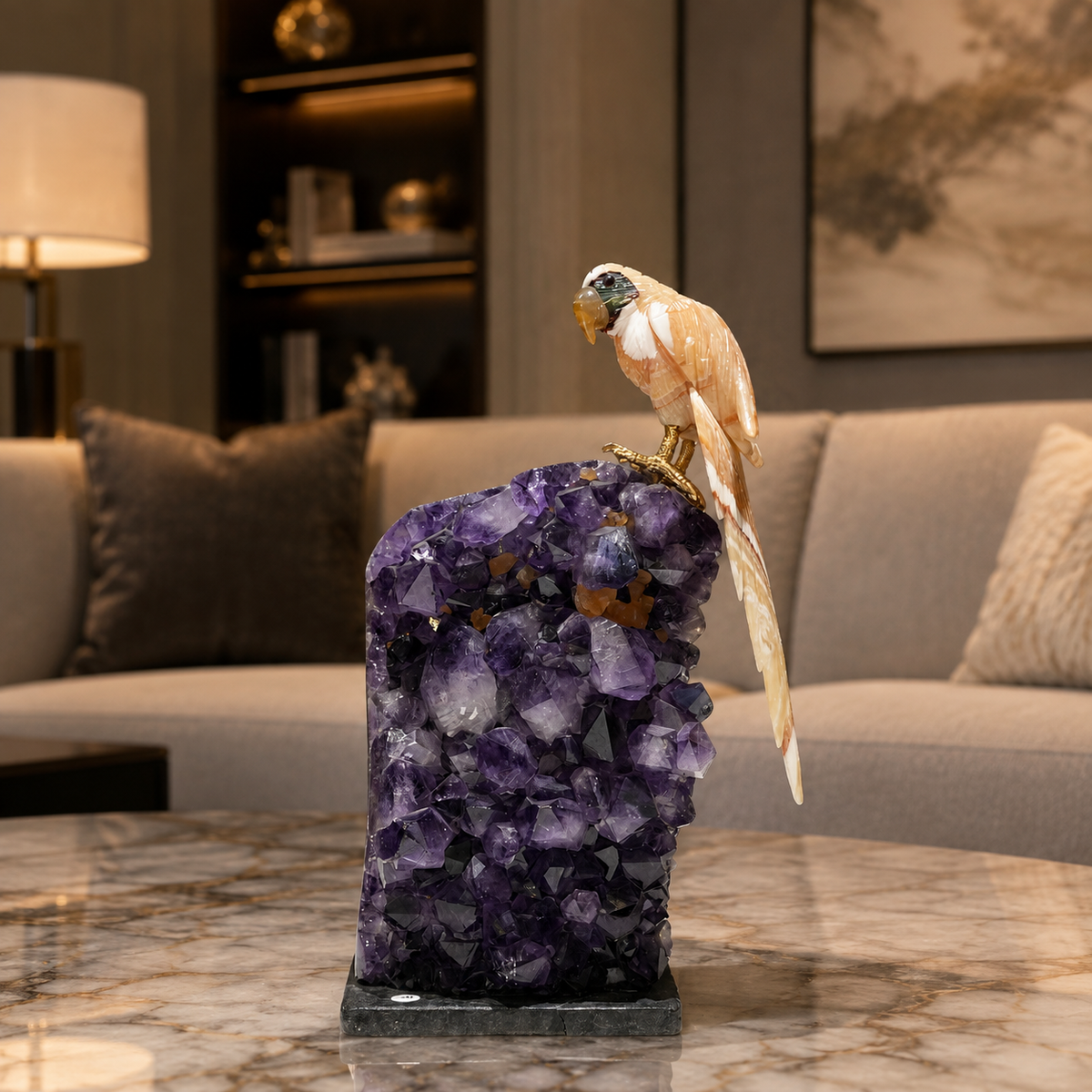 Natural Yellow Calcite Crystal Bird Figurine on Amethyst Cluster Base for Protection & Positivity Harmony, 12x27 cm, 2.84 kg