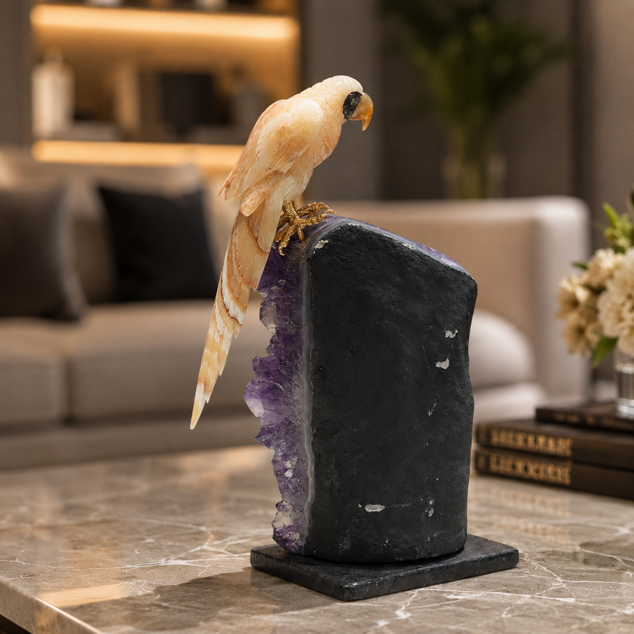Natural Yellow Calcite Crystal Bird Figurine on Amethyst Cluster Base for Protection & Positivity Harmony, 12x27 cm, 2.84 kg