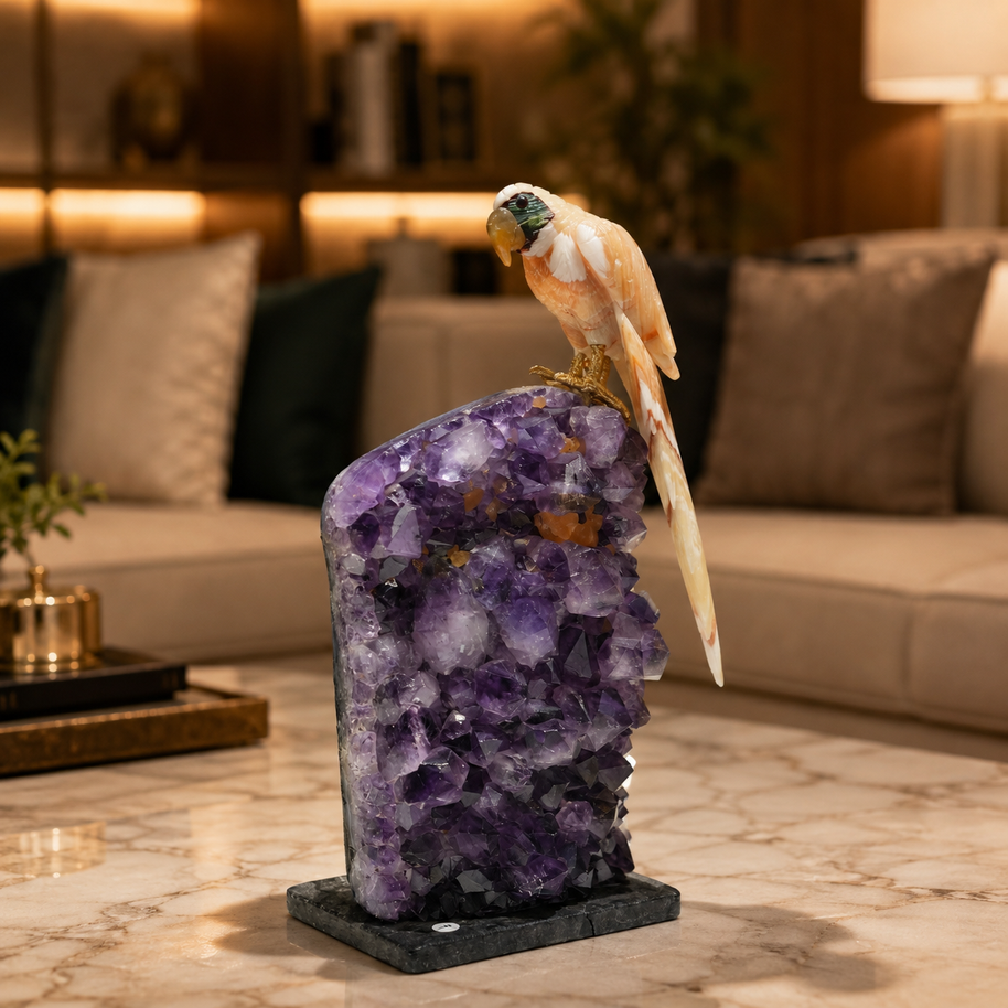 Natural Yellow Calcite Crystal Bird Figurine on Amethyst Cluster Base for Protection & Positivity Harmony, 12x27 cm, 2.84 kg