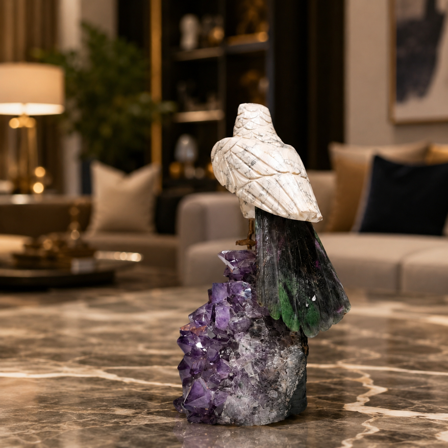 Natural Quartz & Aventurine Crystal Bird Figurine on Amethyst Cluster Base for Protection & Positivity Harmony, 13x27 cm, 3.123 kg