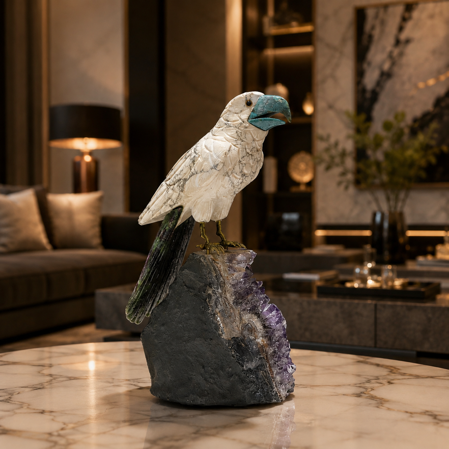 Natural Quartz & Aventurine Crystal Bird Figurine on Amethyst Cluster Base for Protection & Positivity Harmony, 13x27 cm, 3.123 kg