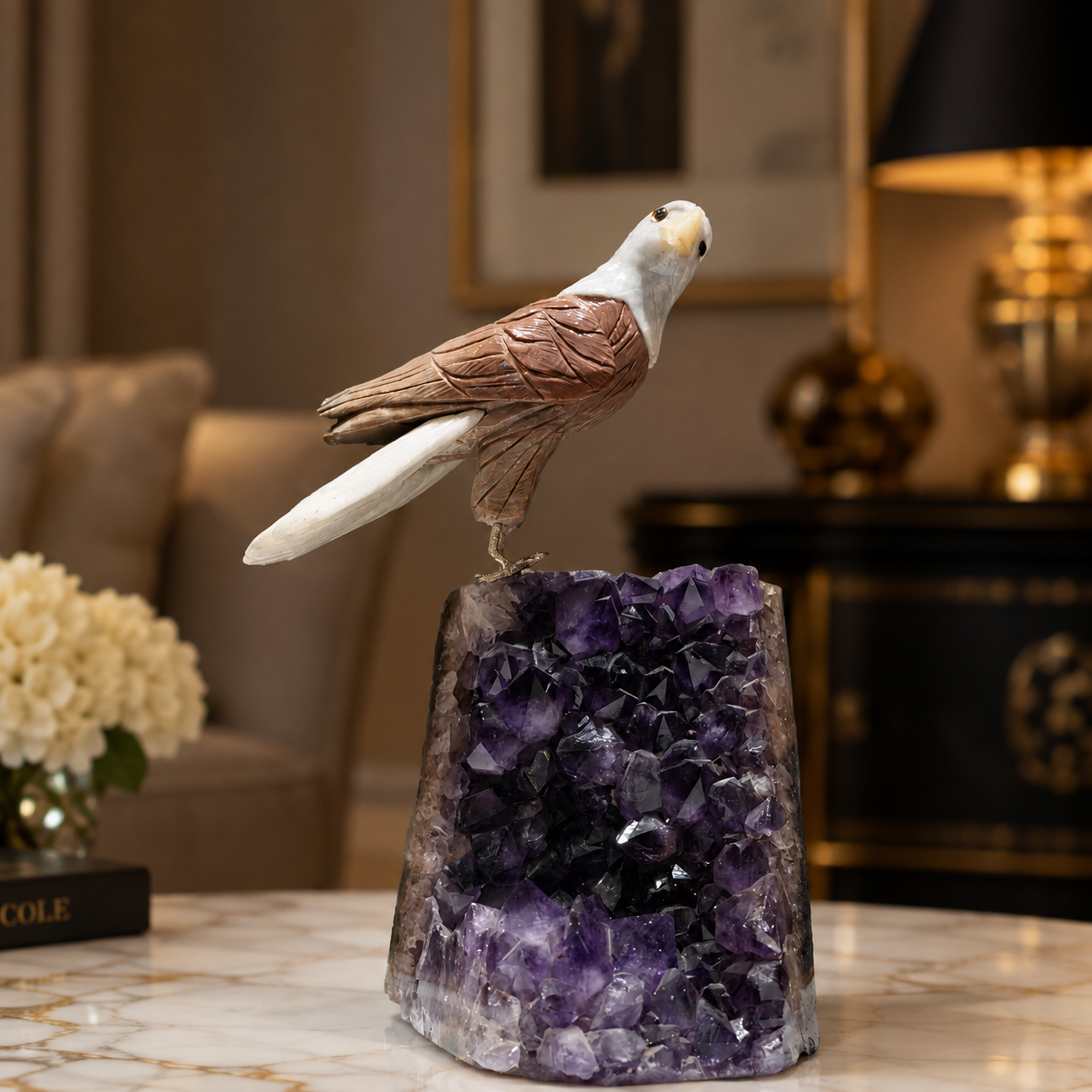 Natural Jasper & Quartz Crystal Bird Figurine on Amethyst Cluster Base for Protection & Positivity Harmony, 35x15 cm, 5.864 kg