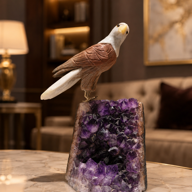 Natural Jasper & Quartz Crystal Bird Figurine on Amethyst Cluster Base for Protection & Positivity Harmony, 35x15 cm, 5.864 kg