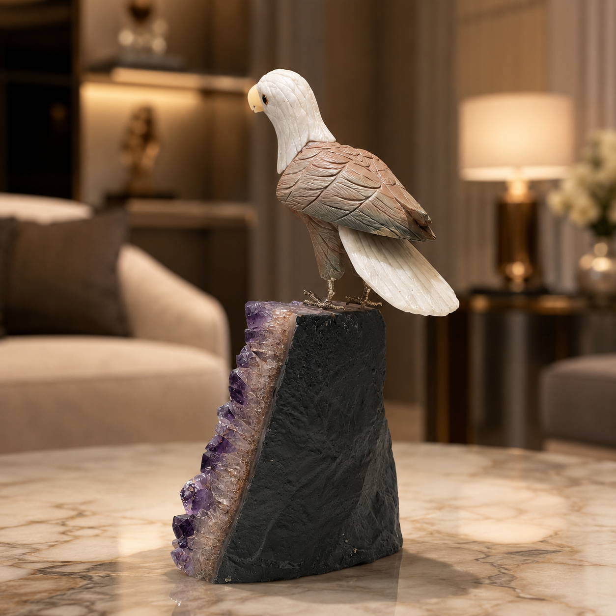 Natural Jasper & Quartz Crystal Bird Figurine on Amethyst Cluster Base for Protection & Positivity Harmony, 35x15 cm, 5.864 kg