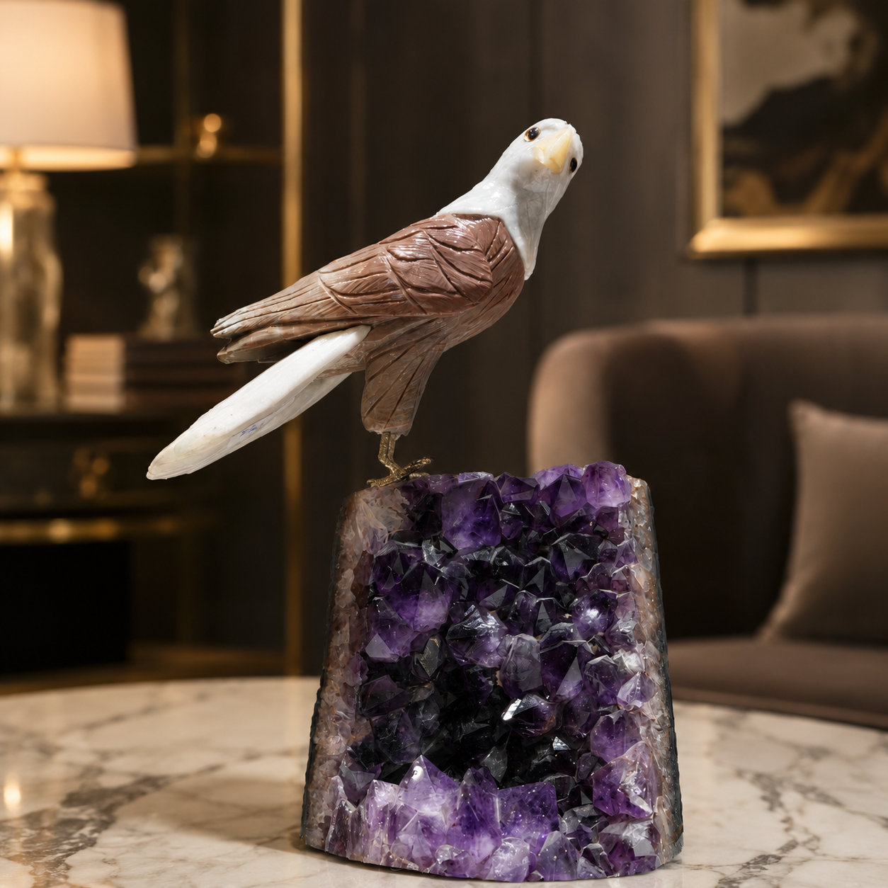 Natural Jasper & Quartz Crystal Bird Figurine on Amethyst Cluster Base for Protection & Positivity Harmony, 35x15 cm, 5.864 kg