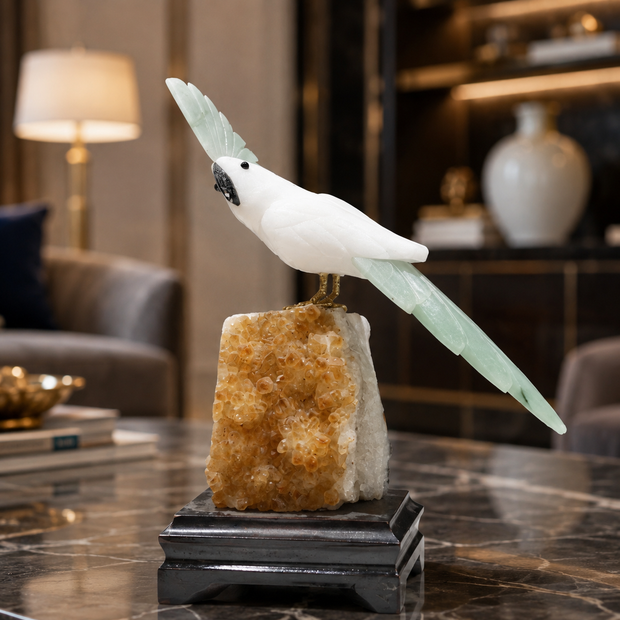 Natural Quartz & Aventurine Crystal Bird Figurine on Citrine Cluster Base for Protection & Positivity Harmony, 10x22 cm, 0.994 kg