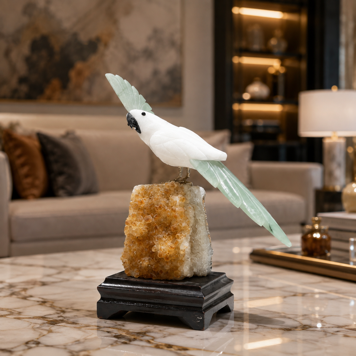 Natural Quartz & Aventurine Crystal Bird Figurine on Citrine Cluster Base for Protection & Positivity Harmony, 10x22 cm, 0.994 kg