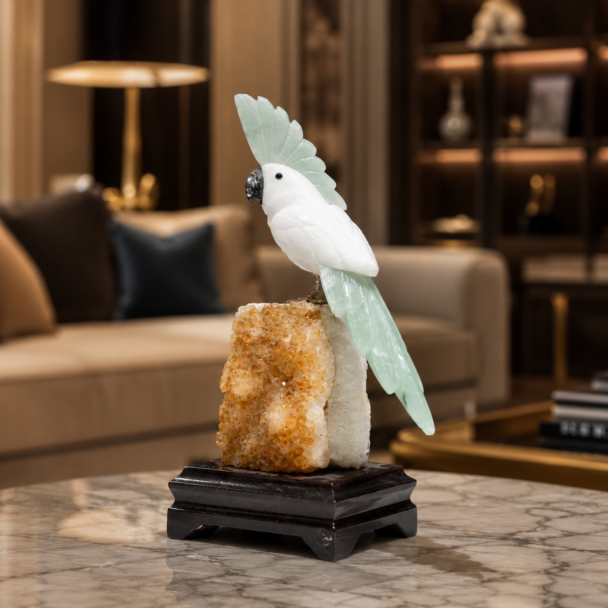 Natural Quartz & Aventurine Crystal Bird Figurine on Citrine Cluster Base for Protection & Positivity Harmony, 10x22 cm, 0.994 kg