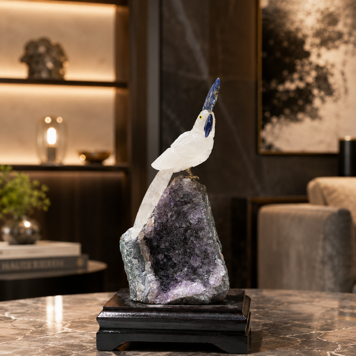 Natural Quartz & Sodalite Crystal Bird Figurine on Amethyst Cluster Base for Protection & Positivity Harmony, 11x21 cm, 0.661 kg