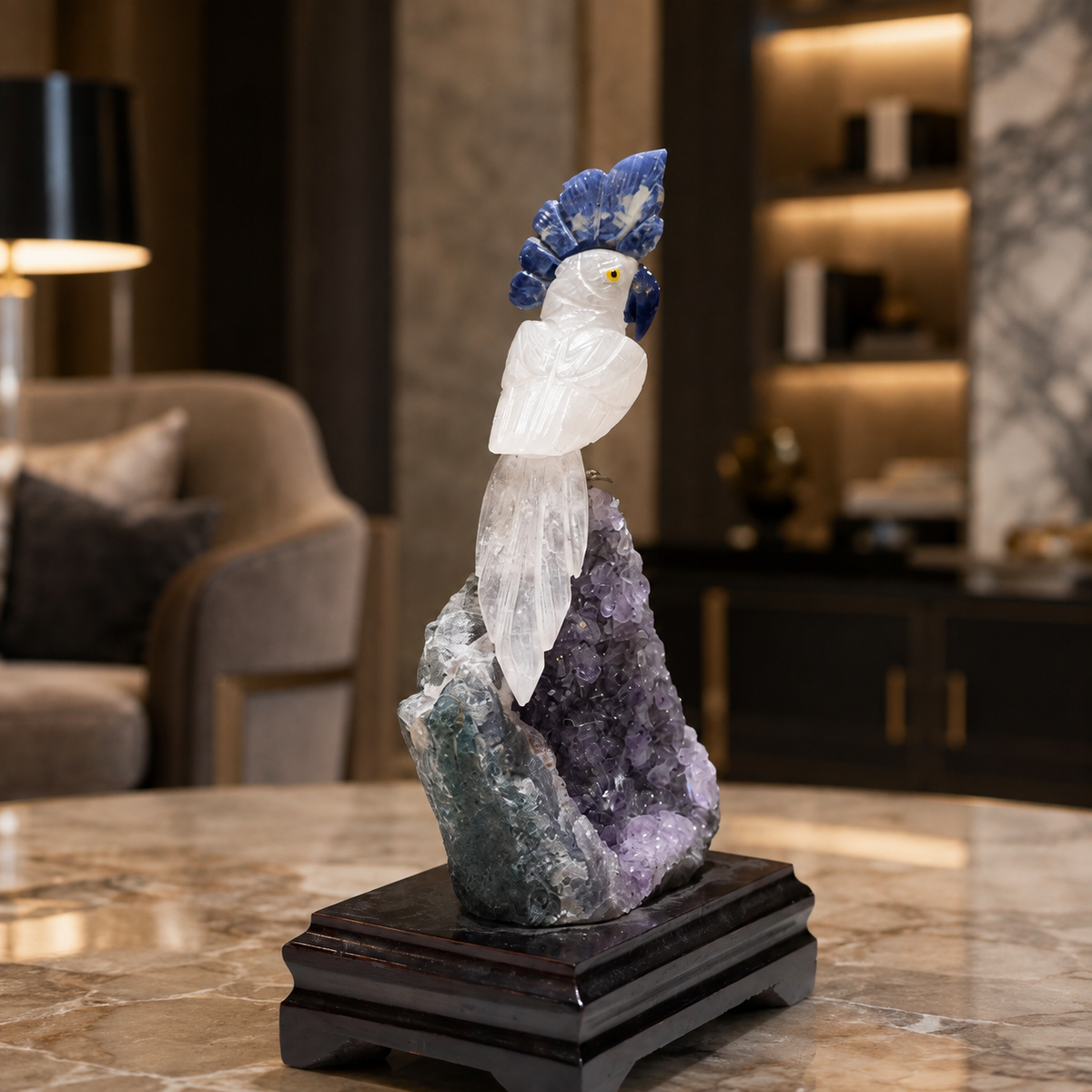Natural Quartz & Sodalite Crystal Bird Figurine on Amethyst Cluster Base for Protection & Positivity Harmony, 11x21 cm, 0.661 kg