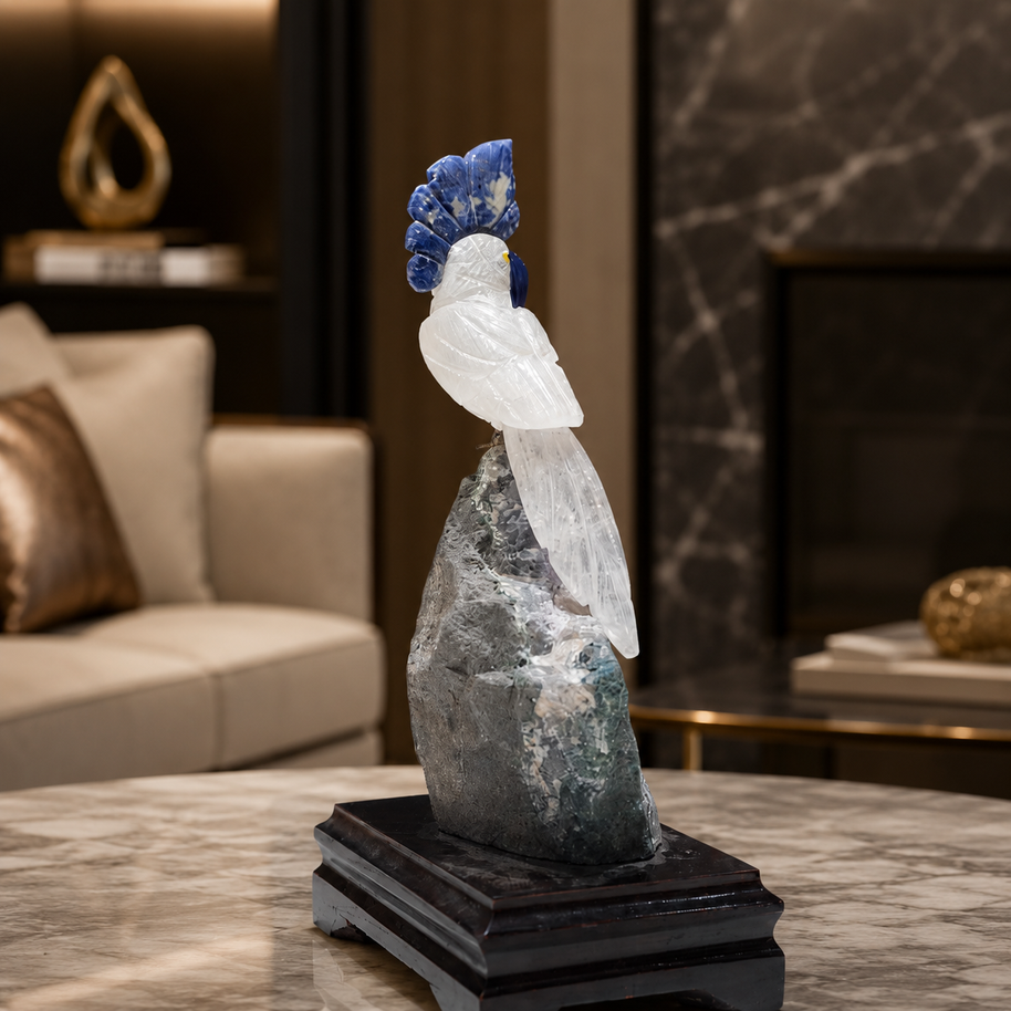 Natural Quartz & Sodalite Crystal Bird Figurine on Amethyst Cluster Base for Protection & Positivity Harmony, 11x21 cm, 0.661 kg
