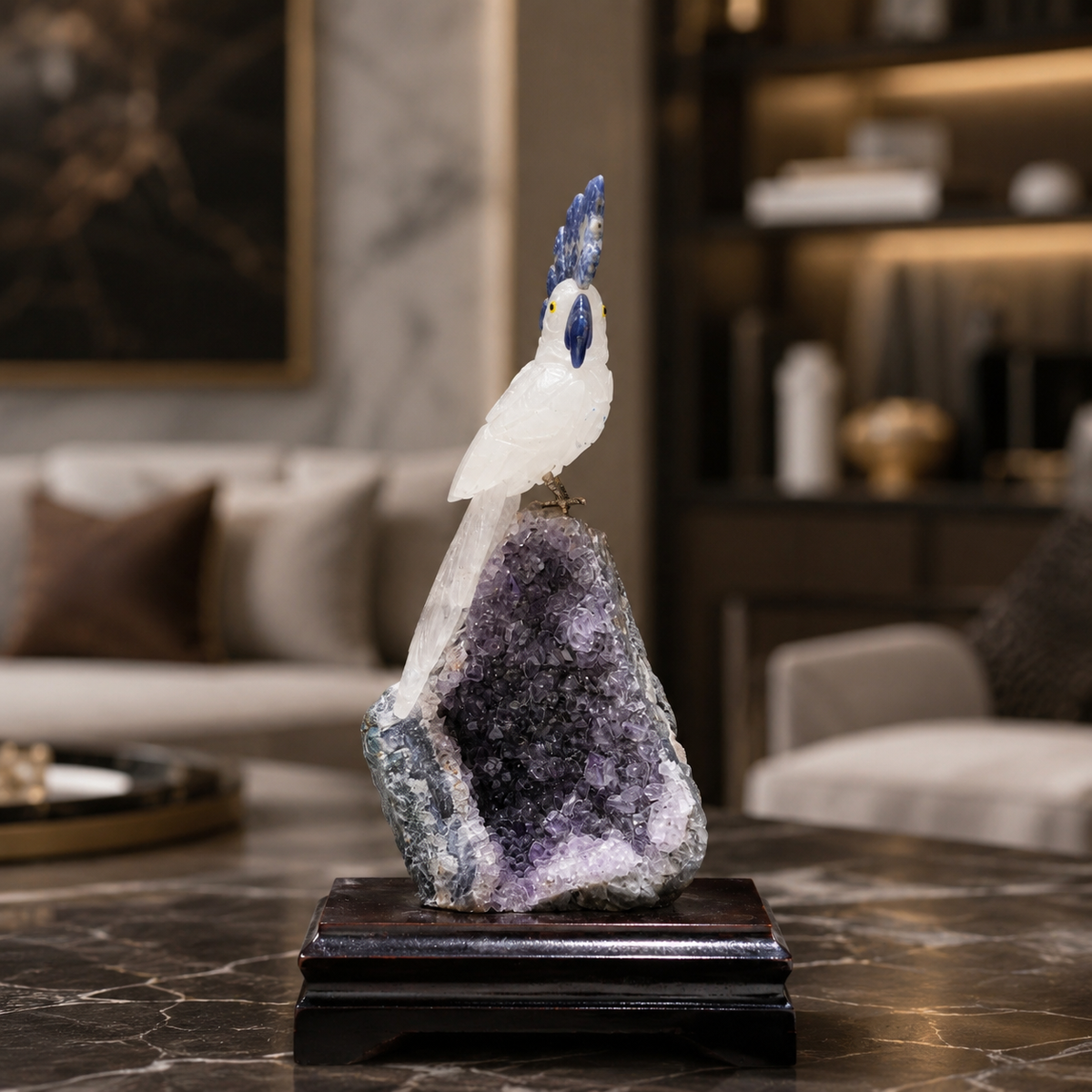Natural Quartz & Sodalite Crystal Bird Figurine on Amethyst Cluster Base for Protection & Positivity Harmony, 11x21 cm, 0.661 kg