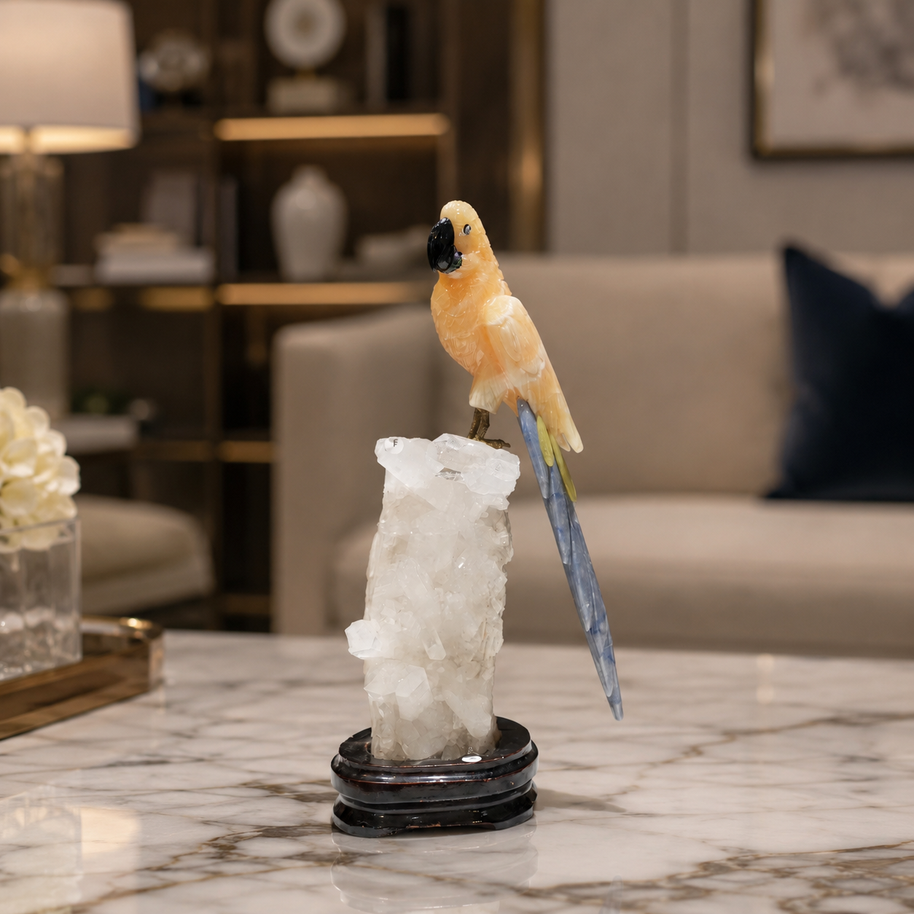 Natural Yellow Calcite Crystal Bird Figurine on Quartz Cluster Base for Protection & Positivity Harmony, 10x33 cm, 2.662 kg