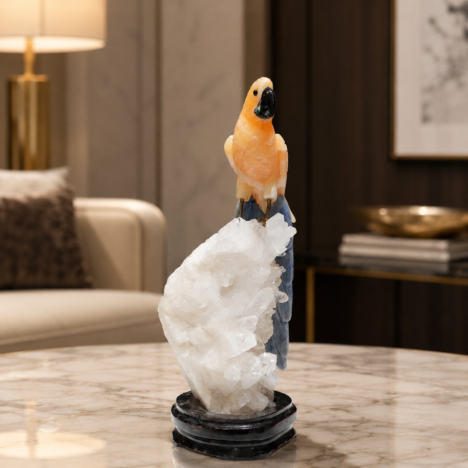 Natural Yellow Calcite Crystal Bird Figurine on Quartz Cluster Base for Protection & Positivity Harmony, 10x33 cm, 2.662 kg