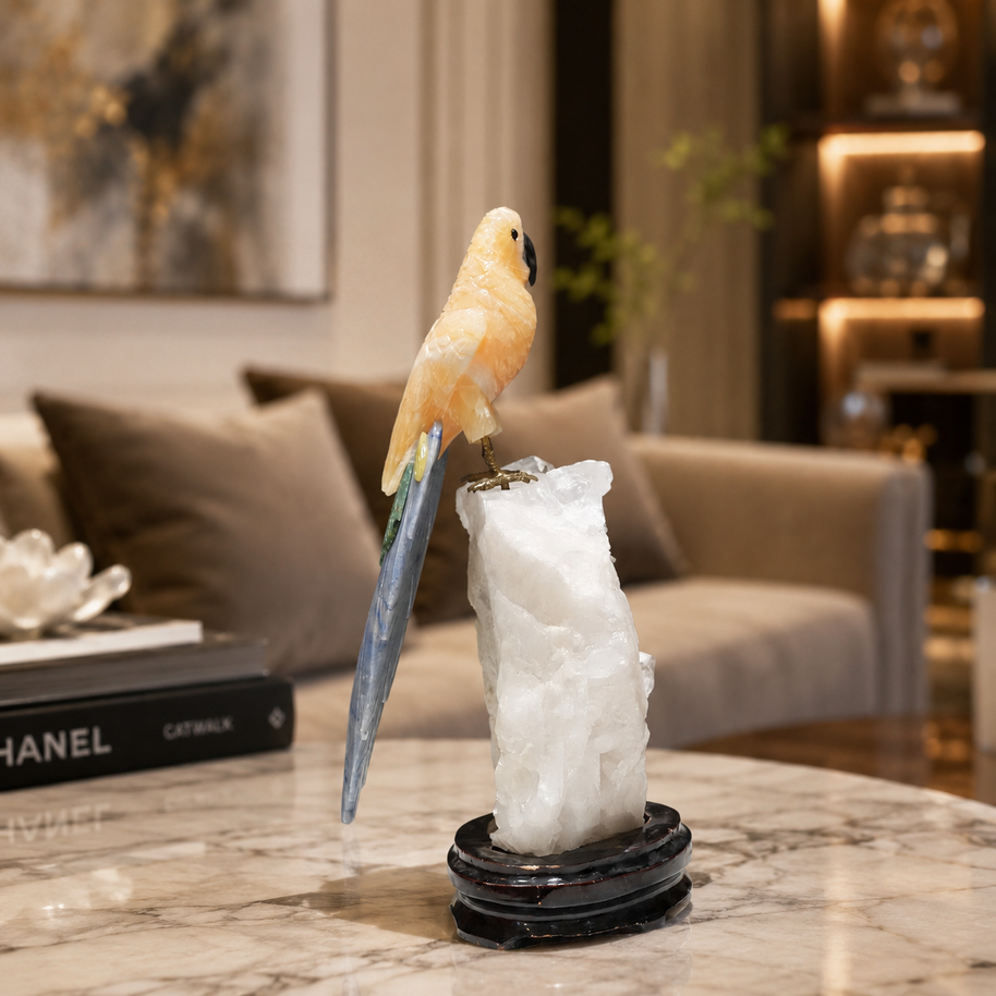 Natural Yellow Calcite Crystal Bird Figurine on Quartz Cluster Base for Protection & Positivity Harmony, 10x33 cm, 2.662 kg