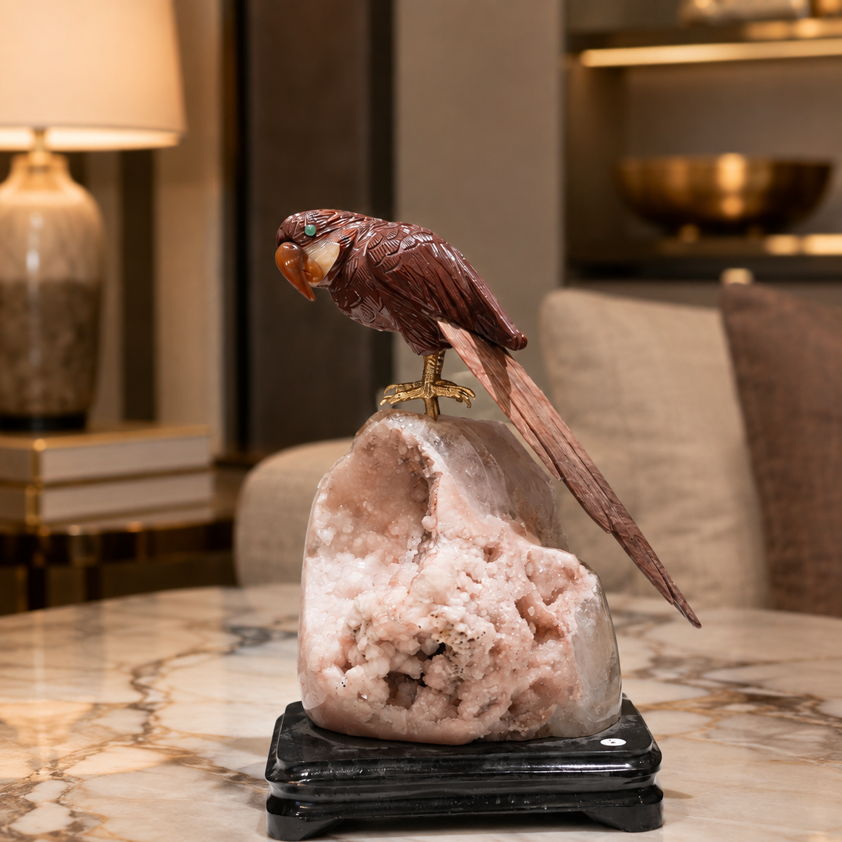 Natural Jasper Crystal Bird Figurine on Quartz Cluster Base for Protection & Positivity Harmony, 26x15 cm, 2.763 kg