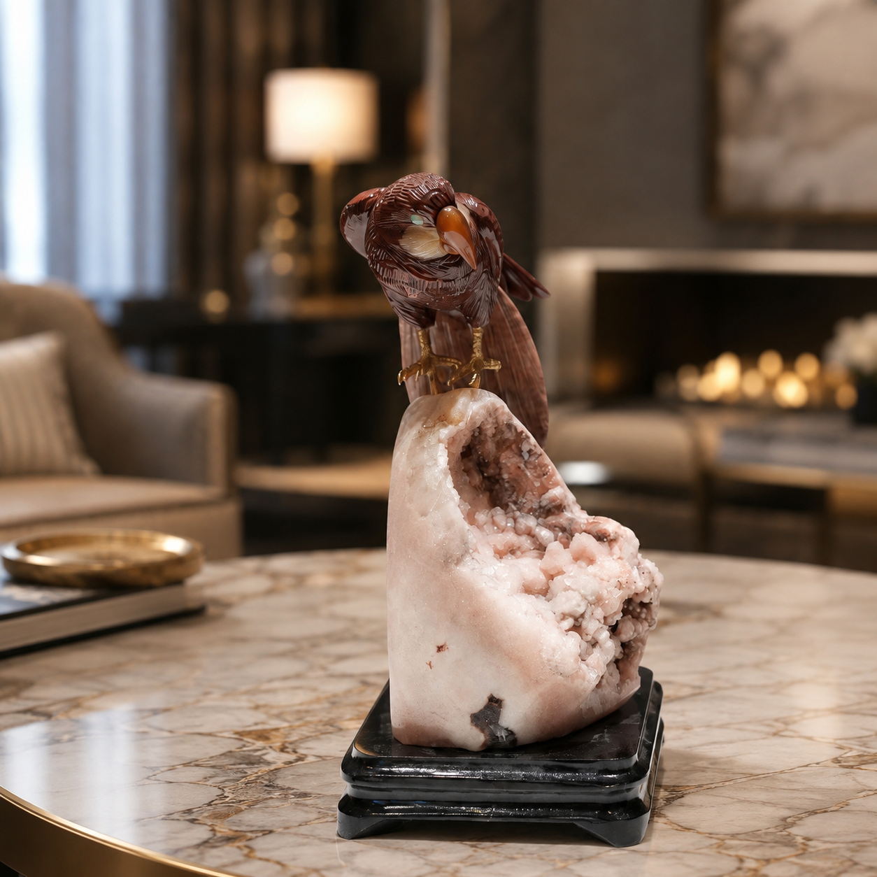 Natural Jasper Crystal Bird Figurine on Quartz Cluster Base for Protection & Positivity Harmony, 26x15 cm, 2.763 kg
