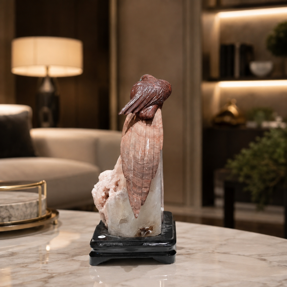 Natural Jasper Crystal Bird Figurine on Quartz Cluster Base for Protection & Positivity Harmony, 26x15 cm, 2.763 kg