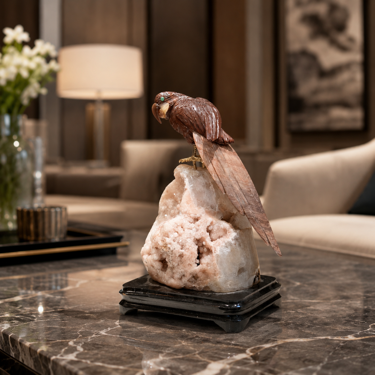 Natural Jasper Crystal Bird Figurine on Quartz Cluster Base for Protection & Positivity Harmony, 26x15 cm, 2.763 kg