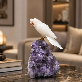 Natural Quartz Crystal Bird Figurine on Amethyst Cluster Base for Protection & Positivity Harmony, 17x35 cm, 7.059 kg