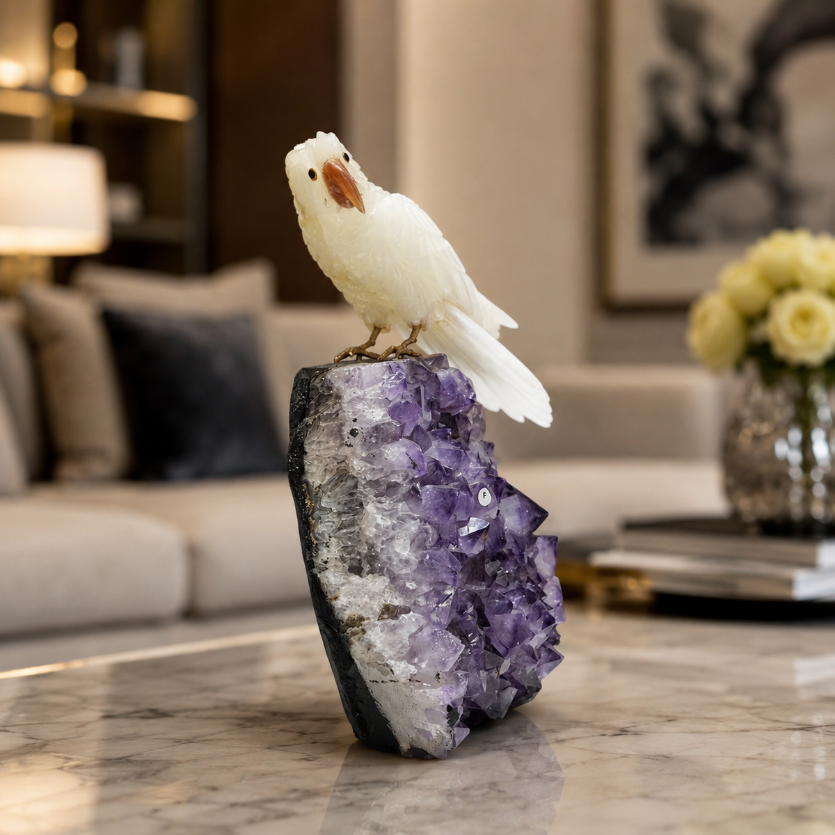 Natural Quartz Crystal Bird Figurine on Amethyst Cluster Base for Protection & Positivity Harmony, 17x35 cm, 7.059 kg